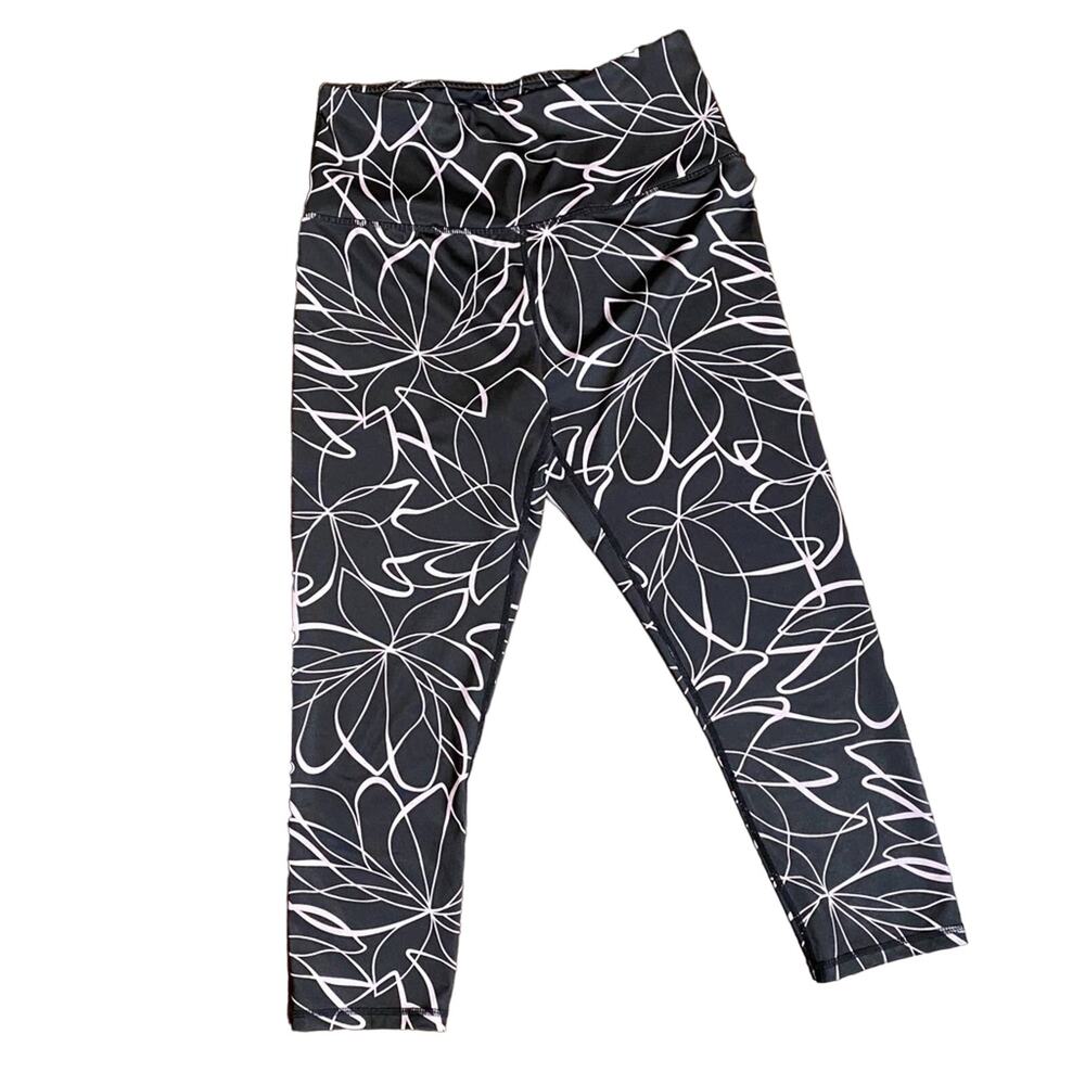 Gaiam Black & Pink Floral Print Cropped Yoga Activewear Leggings, Sz M